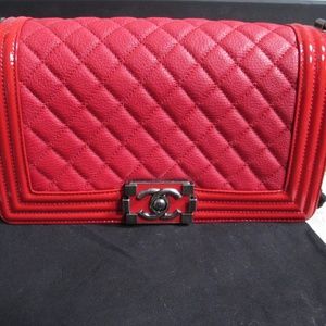 new Chanel women's designer red patent  medium leather  Le Boy bag